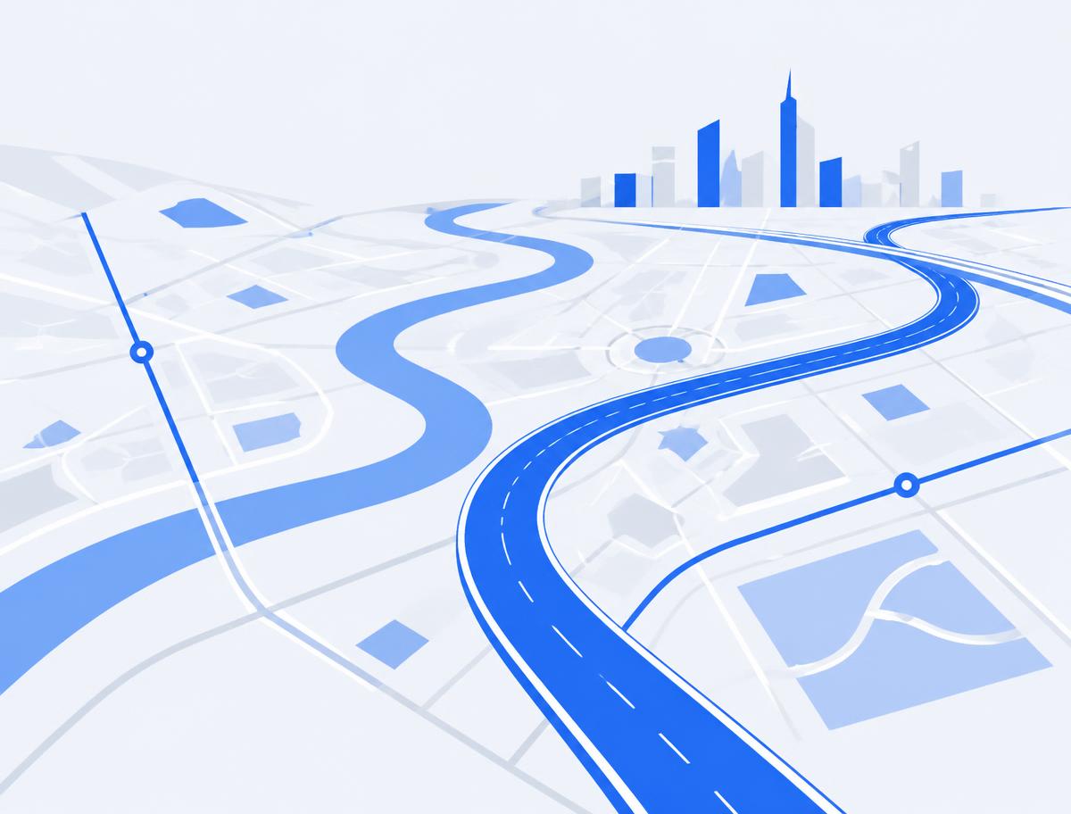Composição gráfica abstrata representando vias e mobilidade urbana